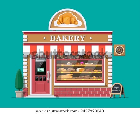 Bakery shop building facade with signboard. Baking store, cafe, bread, pastry and dessert shop. Showcases with various bread and cakes products. Market or supermarket. Flat vector illustration