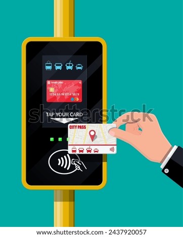 Terminal and passenger transport card in hand. Airport, metro, bus, subway ticket terminal validator. Wireless, contactless or cashless payments, rfid nfc. Vector illustration in flat style