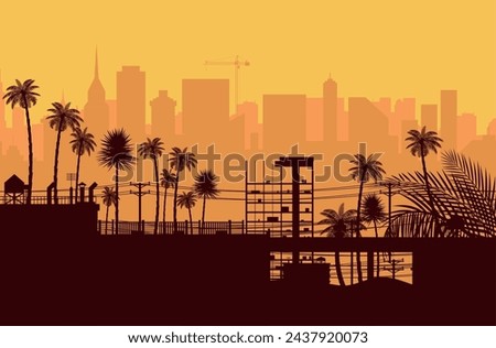 City skyline silhouette at sunset. Skyscappers, towers, office and residental buildings. Palm tree and cityscape under sunrise sky. Vector illustration