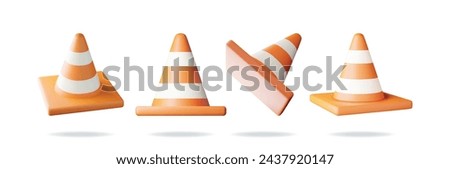 3D Traffic Cone Icon Set Isolated on White. Render Traffic Safety Rubber Road Cone. Striped Warning Road Object. Warning, Danger and Forbidden Symbol. Under Construction. Realistic Vector Illustration