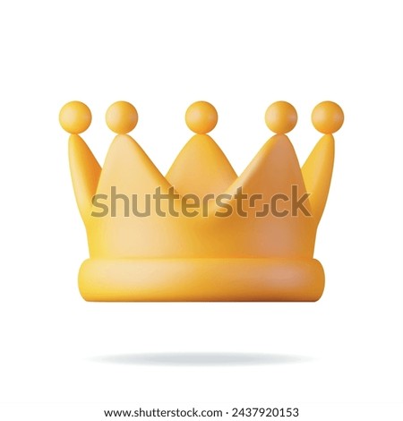 3D Gold Crown Icon Isolated on White. Render Golden Crown Emoji Symbol. Emoticon for VIP, Rich, Winner Luxury Premium Success. Customer Feedback, Rating or Status Signs. Realistic Vector Illustration