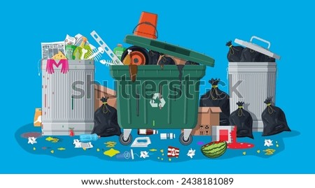 Plastic garbage bin full of trash. Overflowing garbage, food, rotten fruit, papers,containers and glass. Garbage recycling and utilization equipment. Waste management Vector illustration in flat style