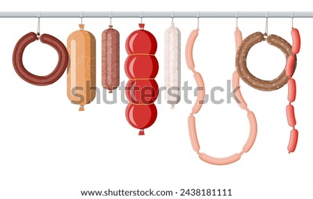 Meat sausage collection. Cut sausage slices with fat. Boiled smoked meat product. Delicatessen gastronomic product of beef, pork or chicken. Pepperoni or salami. Vector illustration in flat style