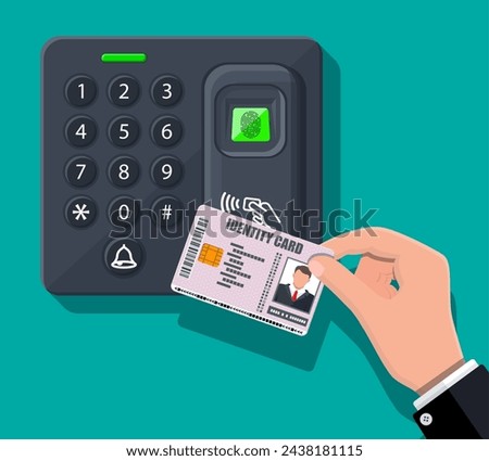 Password and fingerprint security device at office or home door. Hand with id card. Access control machine or time the attendance. Proximity card reader. Vector illustration in flat style