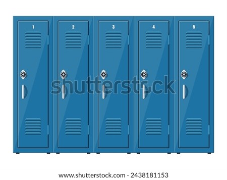 Blue metal cabinets. Lockers in school or gym with silver handles and locks. Safe box with doors, cupboard, compartment. Vector illustration in flat style