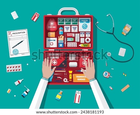 Workflow of physicians. First aid kit with medical equipment and medications. Healthcare, hospital and medical diagnostics. Urgency and emergency services. Vector illustration in flat style