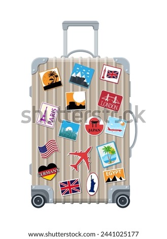 Silver travel bag. Plastic case with stickers. Trolley on wheels. Labels of countrys and citys all over the world. Baggage and luggage. Vector illustration in flat style