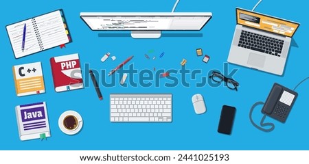 Workplace of programmer or coder. Desktop pc, laptop, books, phone, glasses. Software coding, programming languages, testing, debugging, web site, search engine seo Vector illustration in flat style