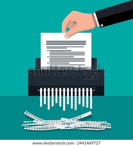 Shredder machine and hand with document paper. Office device for destruction of documents. Vector illustration in flat style