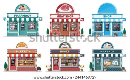 Set of detailed city shop buildings. Bakery, book, milk, meat, pharmacy, grocery store. Small european style shop exterior. Commercial, property, market or supermarket. Flat vector illustration