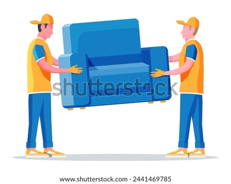 Delivery character man movers carry armchair. Two porters carry couch isolated. Moving company with loaders and furniture. Delivery and relocation service concept. Cartoon flat vector illustration