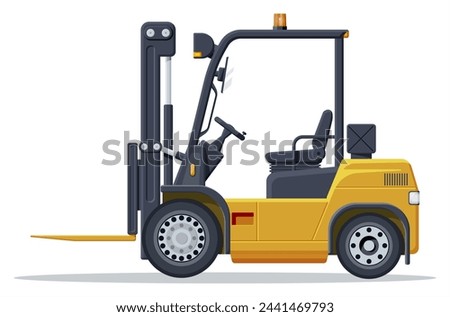Yellow forklift truck isolated on white background. Empty electric uploader. Delivery, logistic and shipping cargo. Warehouse and storage equipment. Flat vector illustration