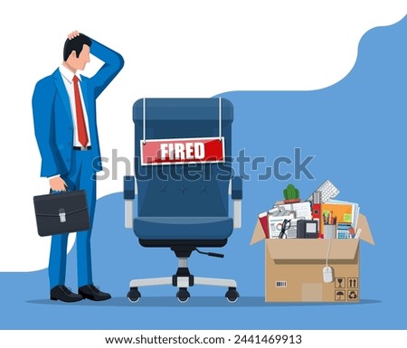 Dismiss employee, chair with fired word plate and cardboard box with office items. Hiring and recruiting. Human resources management concept searching professional staff work. Flat vector illustration