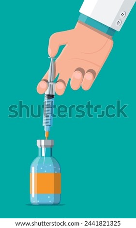 Ampoule and syringe with medicament in hand. Vaccination concept. Injection syringe needles. Medical equipment. Healthcare, hospital and medical diagnostics. Vector illustration in flat style