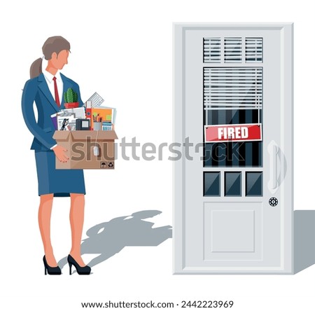 Dismiss employee, door with fired word plate and cardboard box with office items. Hiring and recruiting. Human resources management concept searching professional staff work. Flat vector illustration