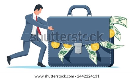 Businessman pushes huge briefcase with money. Business man pushing big suitcase full of cash. Dollar banknotes and gold coins in case. Theft or bribery concept. Vector illustration in flat style.