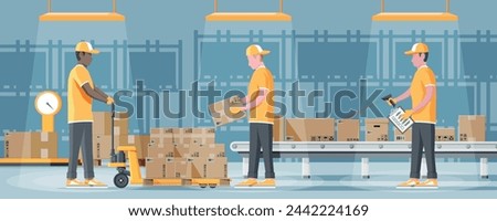 Conveyor Belt Machine Concept in Warehouse. Modern Factory Equipment. Warehouse Process Service. Package X-ray Baggage. Security, Logistic and Delivery. Cartoon Flat Vector Illustration