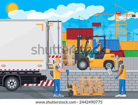Forklift loading pallet boxes into truck. Warehouseman with checklist. Electric uploader loading cardboard boxes in delivery car. Logistic shipping cargo. Storage equipment. Flat vector illustration