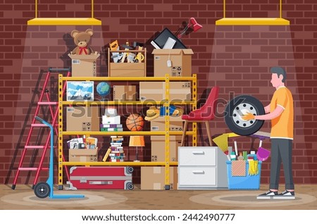 Storeroom or house cellar interior. Modern storage room. Metal shelves with household items. Rack full of cardboard boxes, stair, cleaning accessories and furniture. Flat vector illustration