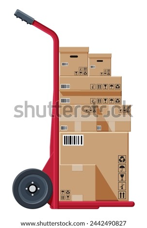 Barrow full of boxes isolated on white. Metallic wheeled trolley with cardboard box. Delivery service and logistics. Hand truck dolly icon. Transportation warehouse. Cartoon flat vector illustration