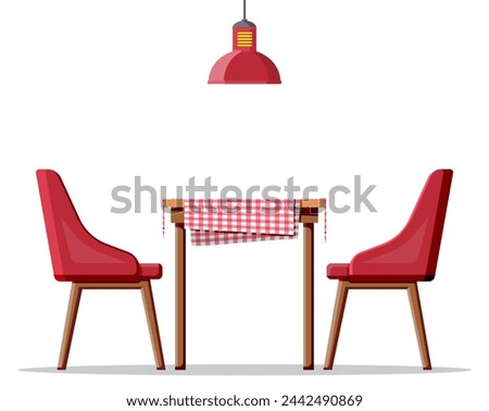 Wooden table with tablecloth, two chairs and lamp. Modern dining room furniture isolated on white. House, cafe or restaurant. Cartoon flat vector illustration.