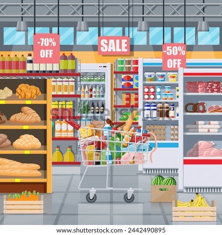 Supermarket store interior with goods. Big shopping mall. Groceries shop. Inside of super market. Cart full of food. Grocery, drinks, fruits, dairy products. Vector illustration in flat style