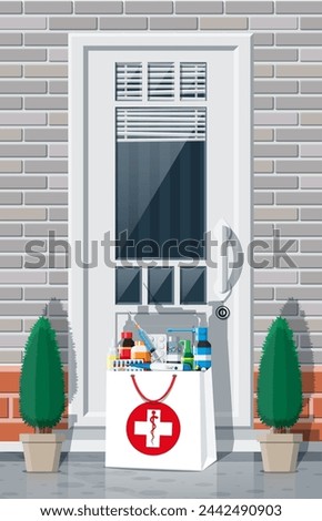Paper bag of drugs left at door of living house. Medical delivery from pharmacy or hospital. bottles, tablets, pills, capsules and sprays for illness express delivery. Flat vector illustration