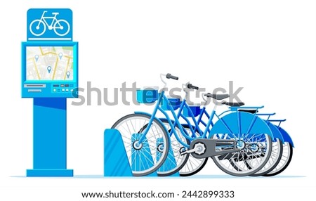 City Bicycle Sharing System Isolated on White. Bike Stand with Rental Bicycles. Bike on Docking Station and Electric Terminal. Urban Transportation Smart Service. Cartoon Flat Vector Illustration
