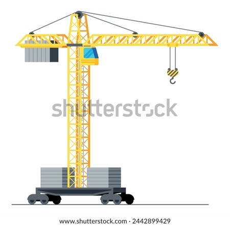 Construction Tower Crane Isolated on White. Yellow Tower Crane with Cabin. House Building Machine. Heavy Industrial Equipment. Cartoon Flat Vector Illustration