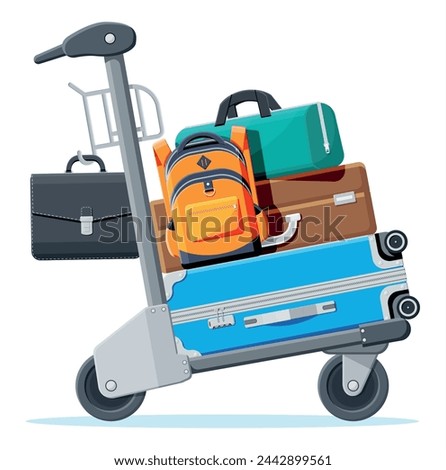 Hand Truck Full Of Bags Isolated On White Background. Metal Airport Luggage Trolley Icon. Hand Cart. Handcart For Baggage Or Shopping. Transportation Equipment. Cartoon Flat Vector Illustration