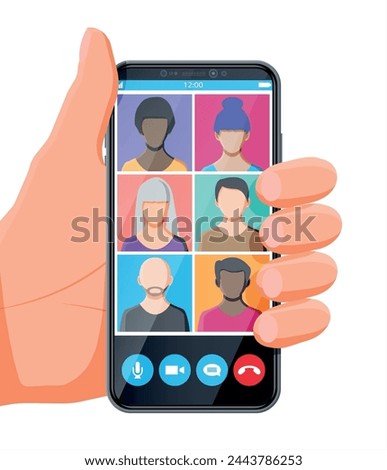 Meeting company via video conference. Video call on smartphone. Chat with group of people. Decline and accept buttons on screen. Online meeting, videocall webinar or training. Flat vector illustration