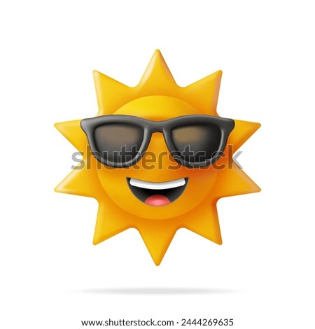 3D Sun Emoji Icon Isolated on White. Render Weather Sun Symbol. Sunlight Emoticon Yellow Cute Sunshine in Sunglasses. Weather, Climate Forecast. Concept of Summer Vacations. Face Vector Illustration