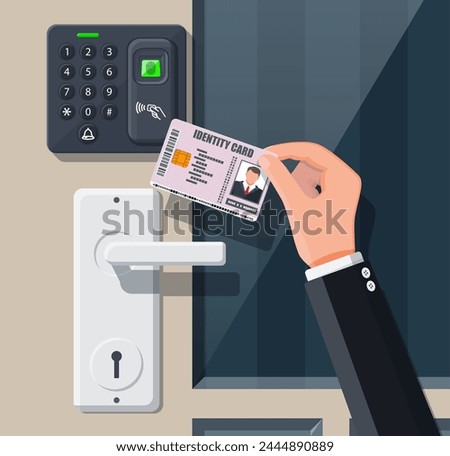 Password and fingerprint security device at office or home door. Hand with id card. Access control machine or time the attendance. Proximity card reader. Vector illustration in flat style