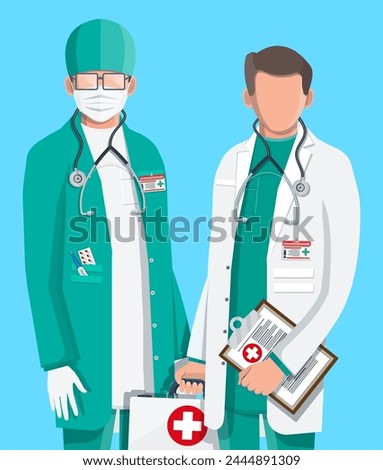 Two doctors in coat with stethoscope and case. Medical suit with different pills and medical devices in pockets. Healthcare staff, hospital and medical diagnostics. Vector illustration in flat style