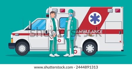 Ambulance staff concept. Doctor in white coat with stethoscope and case. Ambulance car, emergency vehicle. Healthcare, hospital and medical diagnostics. Urgency services. Flat vector illustration