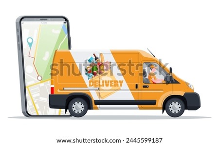 Delivery van full of food and smartphone. Concept of fast grocery delivery service. Supermarket, cafe, restaurant. Groceries products, bread, meat milk fruit vegetable drinks. Flat vector illustration