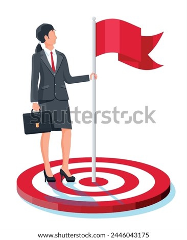 Businesswoman in suit with briefcase standing with red flag on target. Business woman with flag. Symbol of victory, successful mission, goal and achievement. Business success. Flat vector illustration