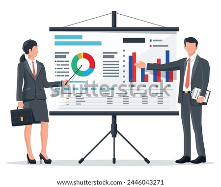 Businesswoman and businessman in suit giving presentation with projector screen. TV screen with financial report, lecturer. Training staff, meeting, report, business school. Flat vector illustration