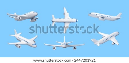 3D Set of White Realistic Airplane Isolated. Render Collection of Passenger or Commercial Jet Icon. Time for Travel Concept. Traveling Booking Agency, Airlines. Holiday Vacation. Vector Illustration