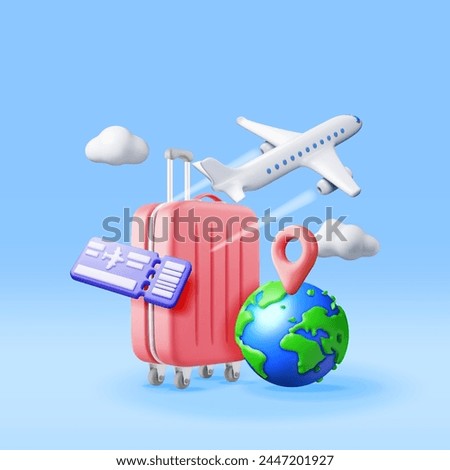 3d Airline Ticket, Travel Bag, Globe and Airplane. Render Paper Ticket with Plane Icon, Suitcase and Planet Earth. Travel Element. Holiday or Vacation. Transportation Document. Vector Illustration