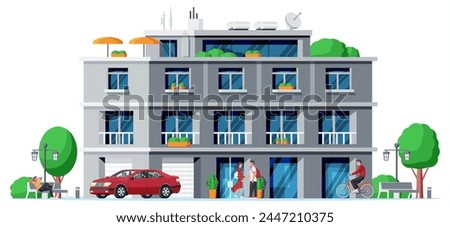 Modern Apartment Building Isolated. Exterior or Facade of Small City Apartment. Urban Fashioned Residential Brick Building. Multistory Living Houses with Balconies. Flat Vector Illustration