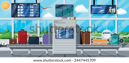 Airport Security Scanner Icon. Conveyor Belt With Passenger Luggage. Baggage Carousel Scan In Airport Interior. Package X-ray Baggage. Security, Logistic And Delivery. Cartoon Flat Vector Illustration