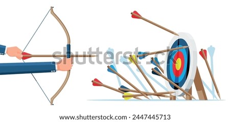 Many arrows missed target mark. Multiple failed inaccurate attempts arrows to hit target. Business challenge failure, shot miss, failed achievement or goal. Flat vector illustration