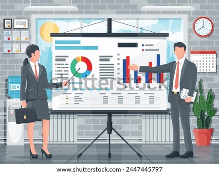 Businesswoman and businessman in suit giving presentation with projector screen. TV screen with financial report, lecturer. Training staff, meeting, report, business school. Flat vector illustration