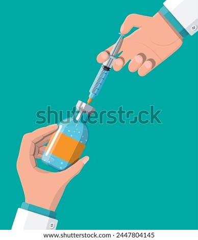 Ampoule and syringe with medicament in hand. Vaccination concept. Injection syringe needles. Medical equipment. Healthcare, hospital and medical diagnostics. Vector illustration in flat style