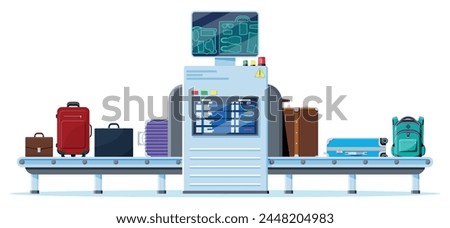 Airport Security Scanner Icon. Conveyor Belt With Passenger Luggage. Baggage Carousel Scan Isolated On White. Package X-ray Baggage. Security, Logistic And Delivery. Cartoon Flat Vector Illustration