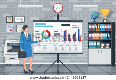 Businesswoman in suit giving presentation with projector screen. TV screen with financial report and lecturer. Training staff, meeting, report, business school. Vector illustration in flat style
