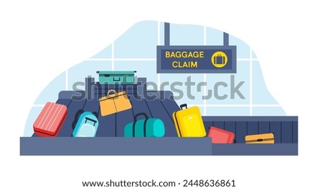 Luggage Carousel Against in Airport. Conveyor Belt With Passenger Luggage. Baggage Claim In Airport Isolated. Passengers Take Their Luggage from Train or Airport Terminal. Flat Vector Illustration