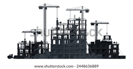 Construction Site Banner Silhouette Isolated. Truck car, Workers, Concrete Piles, Tower Crane. Under Construction Design Background. Building Materials and Equipment. Cartoon Flat Vector Illustration