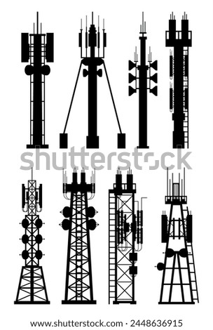 Transmission Cellular Tower Antenna Silhouette. Network Broadcast Equipment Isolated. Broadcasting, Internet, Television Cell Station. 4G 5G. Satellite Communication Antenna. Vector Illustration